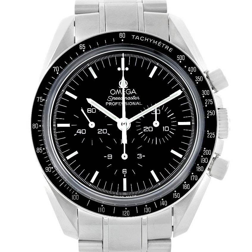 This image shows a front view of the Omega Speedmaster 3573.50.00 Men's Stainless Steel Black Dial 3573.50.00 Men's Stainless Steel Black Dial watch, displaying its dial, tachymeter bezel, hands, and bracelet.