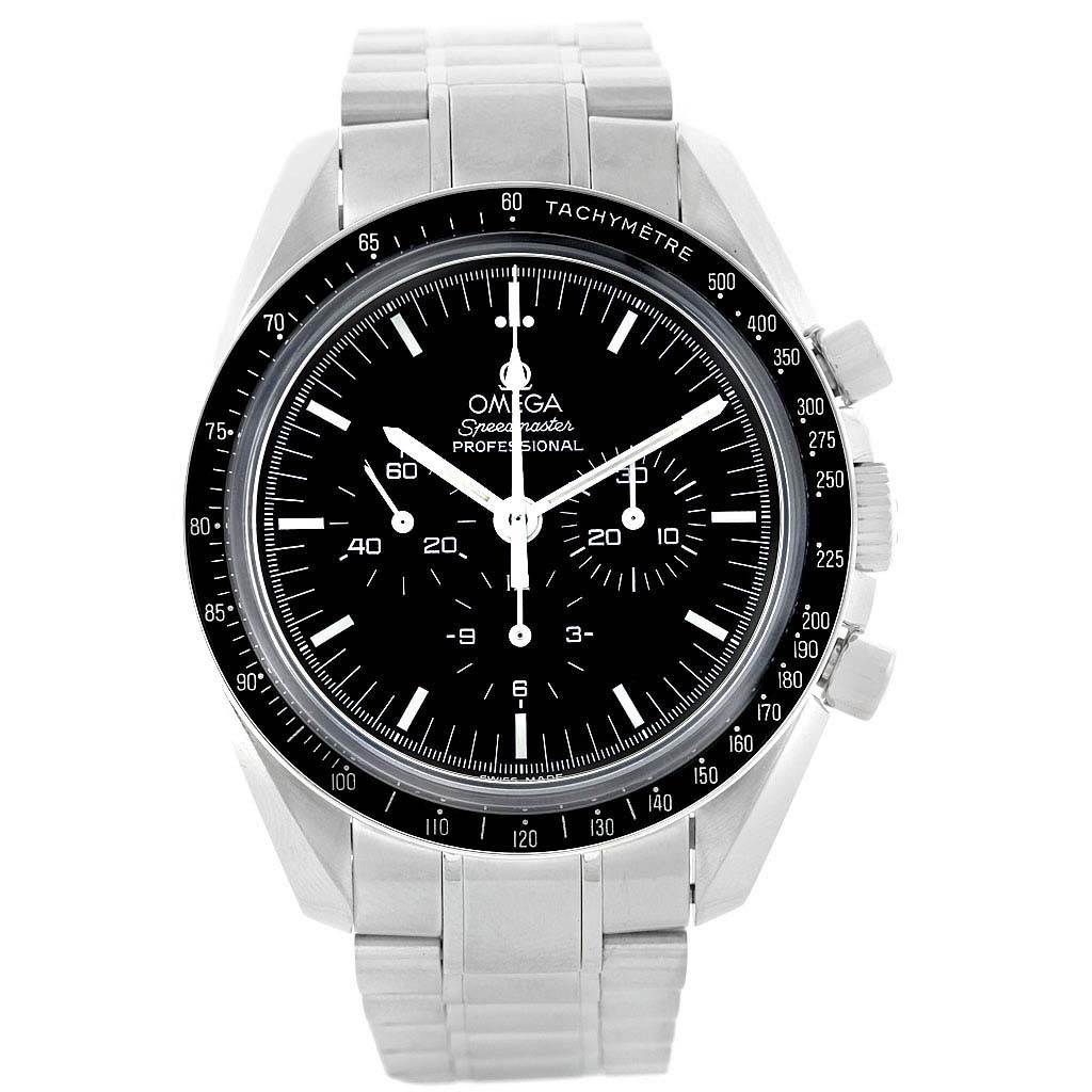 The Omega Speedmaster 3573.50.00 Men's Stainless Steel Black Dial 3573.50.00 Men's Stainless Steel Black Dial watch is shown from a front angle, displaying its dial, bezel, and stainless steel bracelet.