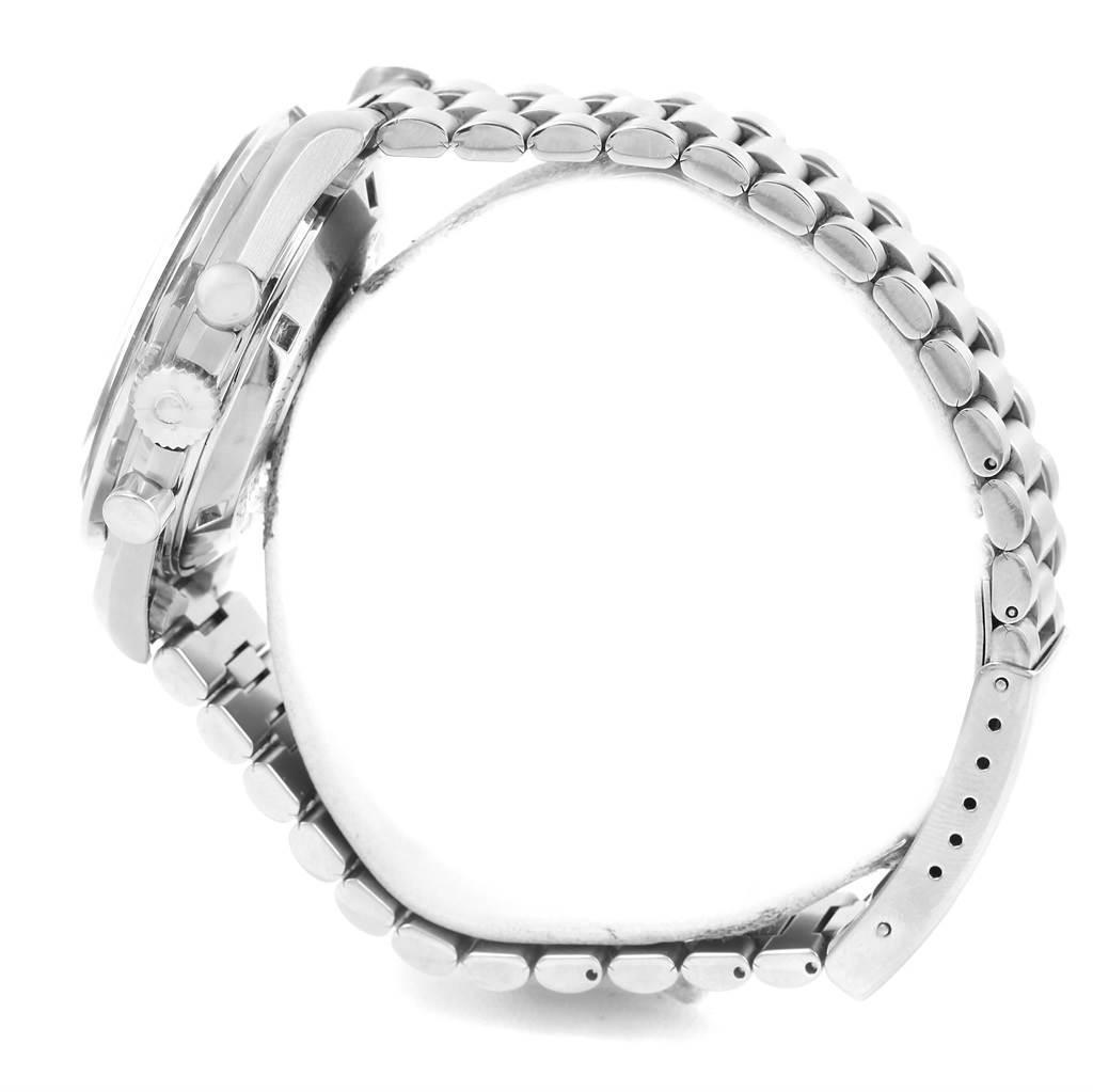 The image shows a side view of an Omega Speedmaster Men
s Stainless Steel Black Dial Men
s Stainless Steel Black Dial watch, highlighting its stainless steel case, pushers, crown, and bracelet.