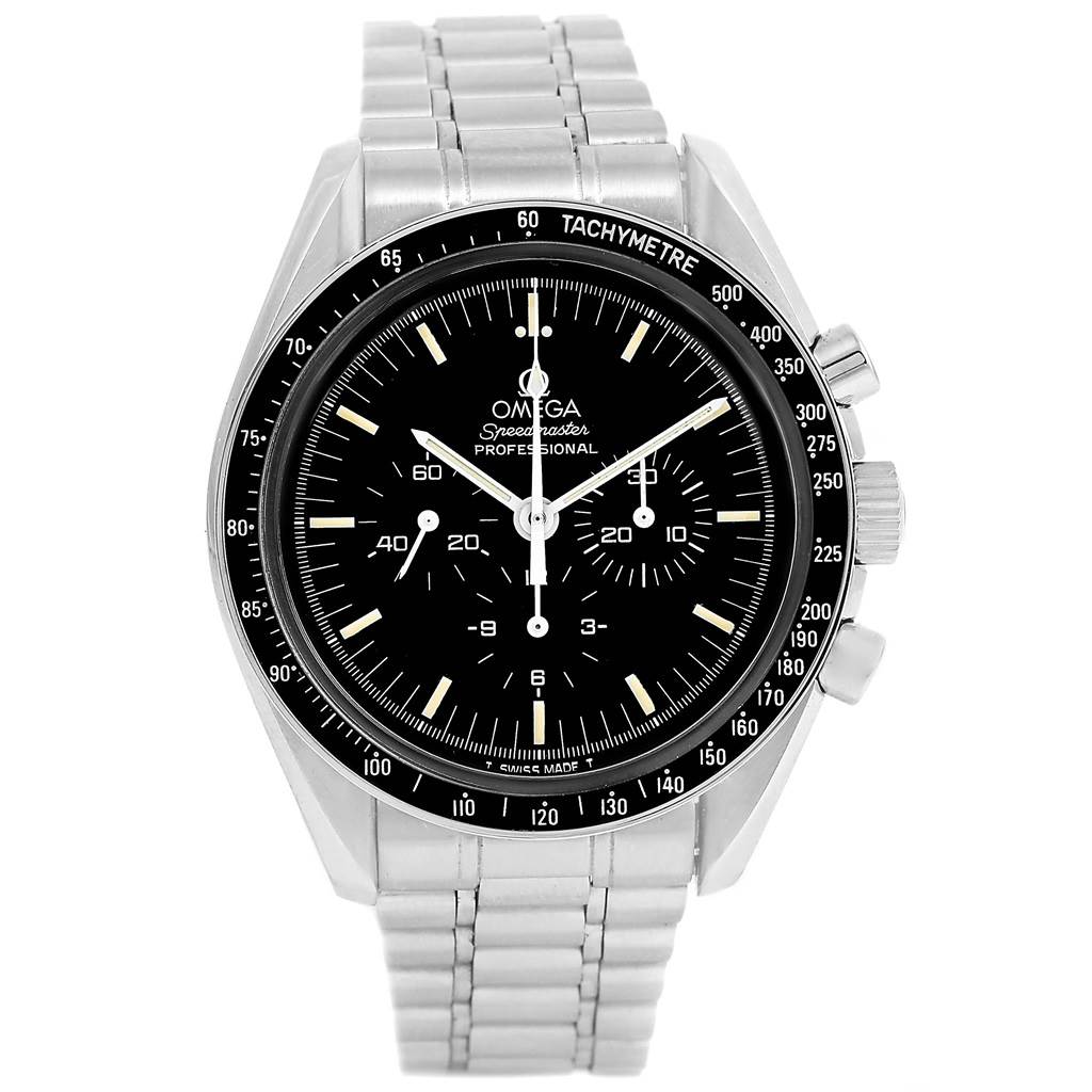 The image shows a front view of the Omega Speedmaster Men
s Stainless Steel Black Dial Men
s Stainless Steel Black Dial watch, highlighting its dial, bezel, and stainless steel bracelet.