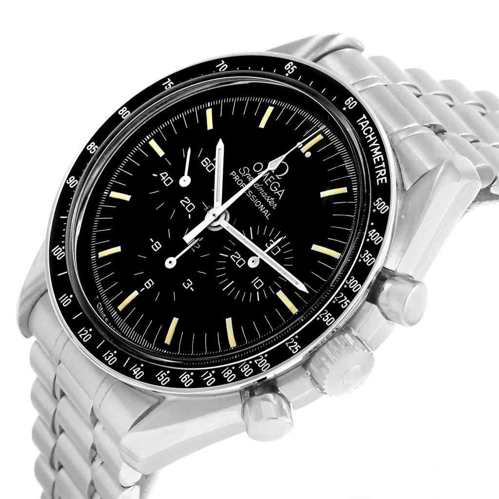 The image shows an angled view of the Omega Speedmaster Men
s Stainless Steel Black Dial Men
s Stainless Steel Black Dial watch, highlighting the dial, bezel, crown, and pushers.