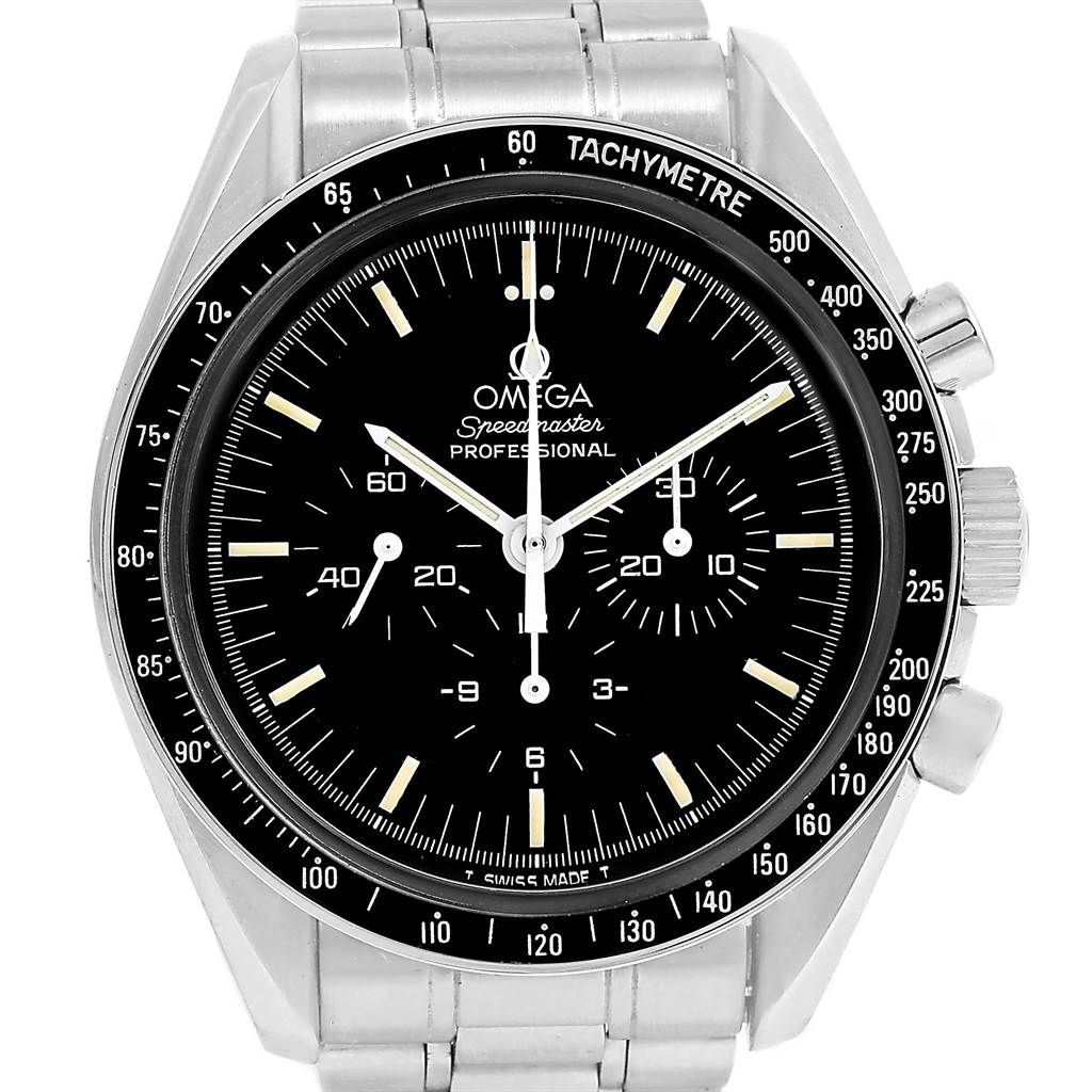 This image shows a front view of an Omega Speedmaster Men
s Stainless Steel Black Dial Men
s Stainless Steel Black Dial Professional watch, highlighting its dial, tachymeter bezel, and bracelet.