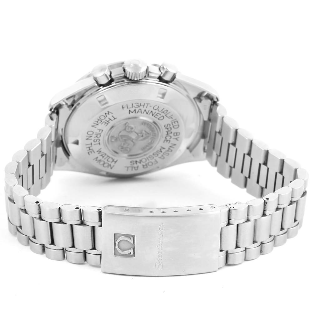 The image shows the back side and bracelet clasp of an Omega Speedmaster Men
s Stainless Steel Black Dial Men
s Stainless Steel Black Dial watch.