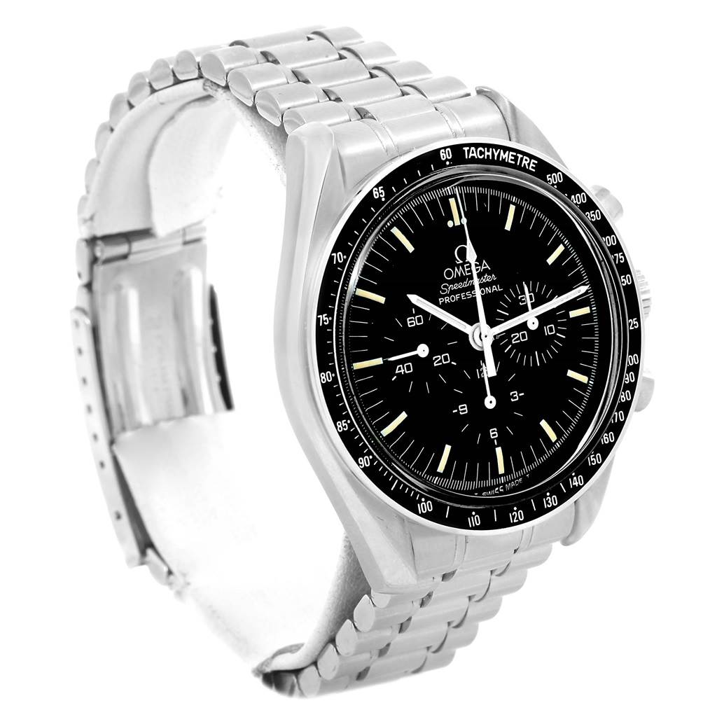 The image shows a side angle of an Omega Speedmaster Men
s Stainless Steel Black Dial Men
s Stainless Steel Black Dial watch, highlighting its bezel, dial, and metal bracelet.