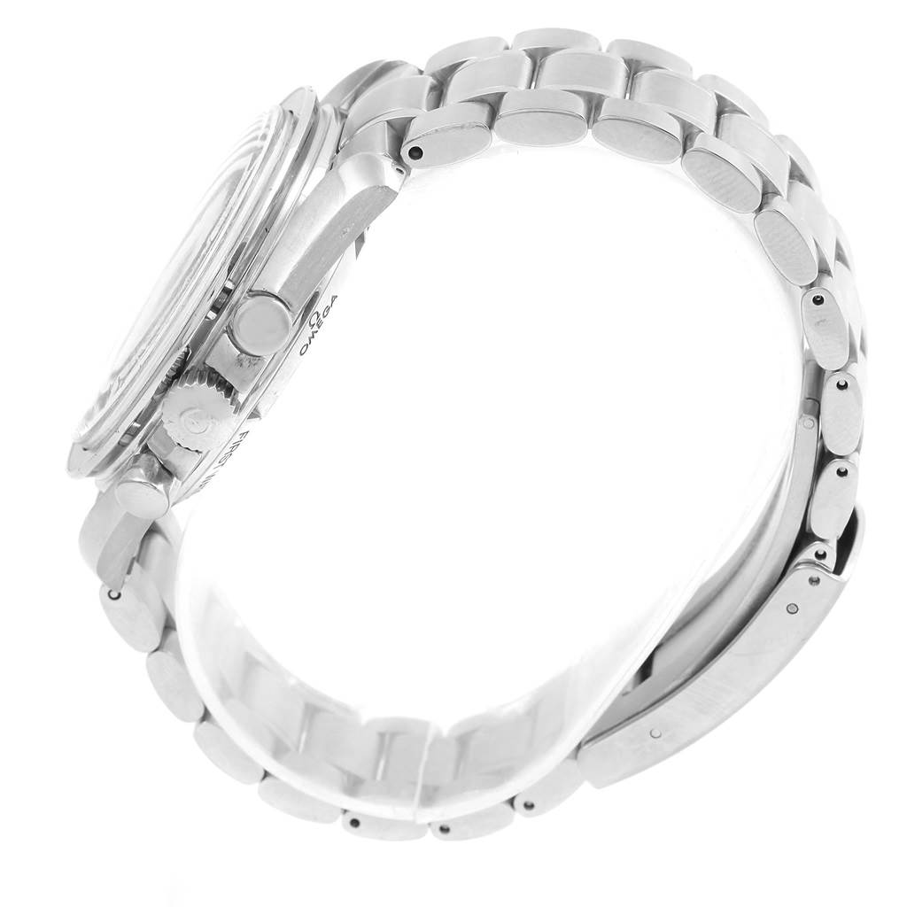 The image shows a side view of an Omega Speedmaster 3572.50.00 Men
s Stainless Steel Black Dial 3572.50.00 Men
s Stainless Steel Black Dial watch focusing on the crown, pushers, and bracelet.