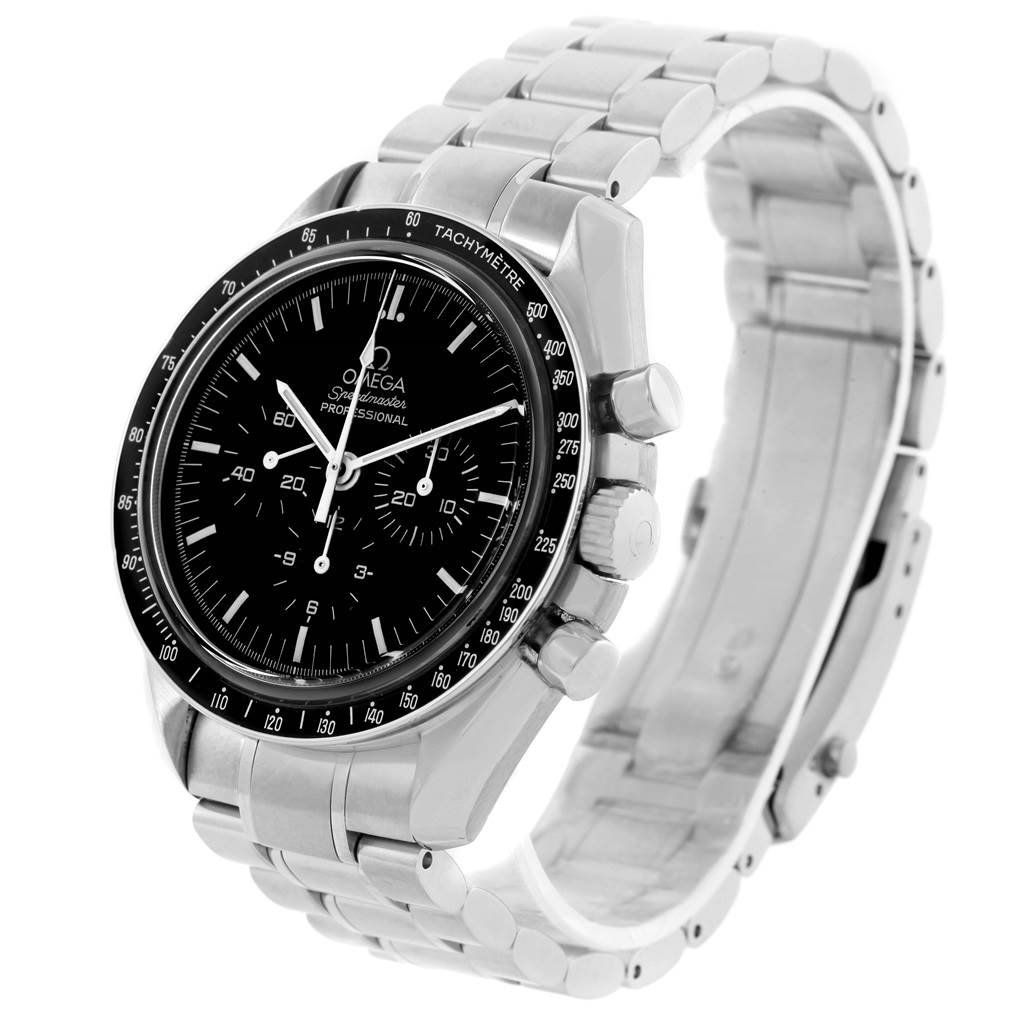 The Omega Speedmaster 3572.50.00 Men
s Stainless Steel Black Dial 3572.50.00 Men
s Stainless Steel Black Dial watch is shown at a slightly angled front view, highlighting the dial, bezel, and metal bracelet.