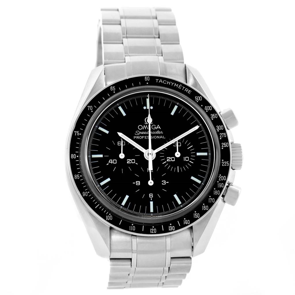 The image shows a front view of an Omega Speedmaster 3572.50.00 Men
s Stainless Steel Black Dial 3572.50.00 Men
s Stainless Steel Black Dial Professional watch, showcasing its face, bezel, and stainless steel bracelet.