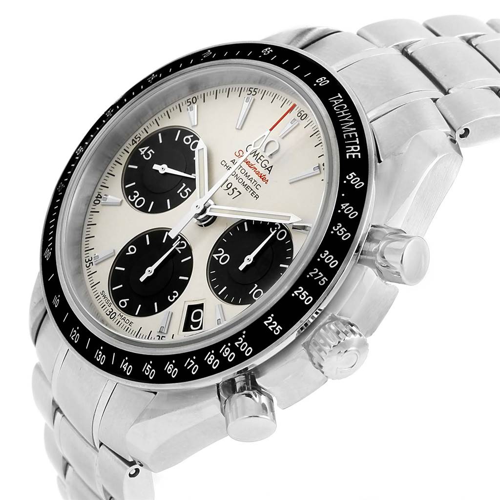 This is a close-up angled view of the dial, bezel, and side pushers of the Omega Speedmaster 323.30.40.40.02.001 Men's Stainless Steel White Dial 323.30.40.40.02.001 Men's Stainless Steel White Dial watch.
