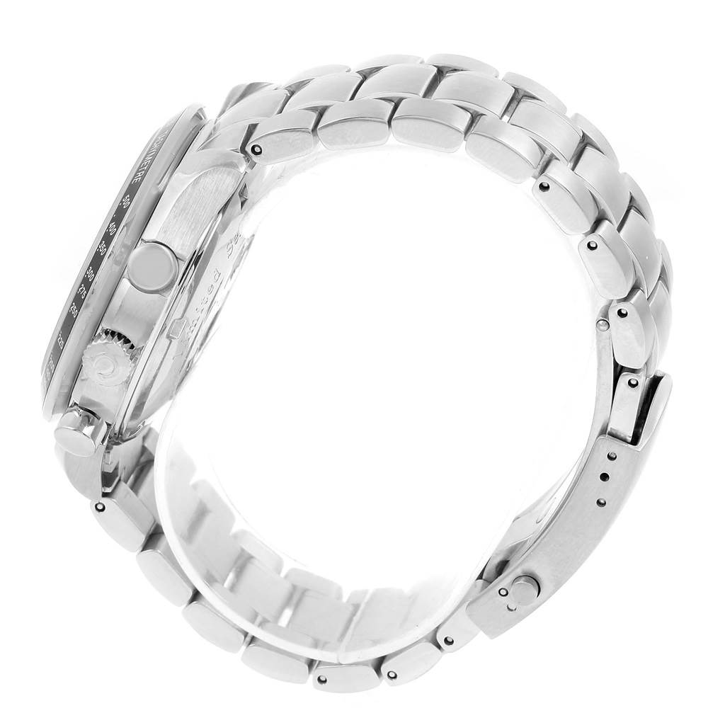 The image shows a side view of an Omega Speedmaster 323.30.40.40.02.001 Men's Stainless Steel White Dial 323.30.40.40.02.001 Men's Stainless Steel White Dial watch, highlighting the bezel, crown, pushers, and stainless steel bracelet.