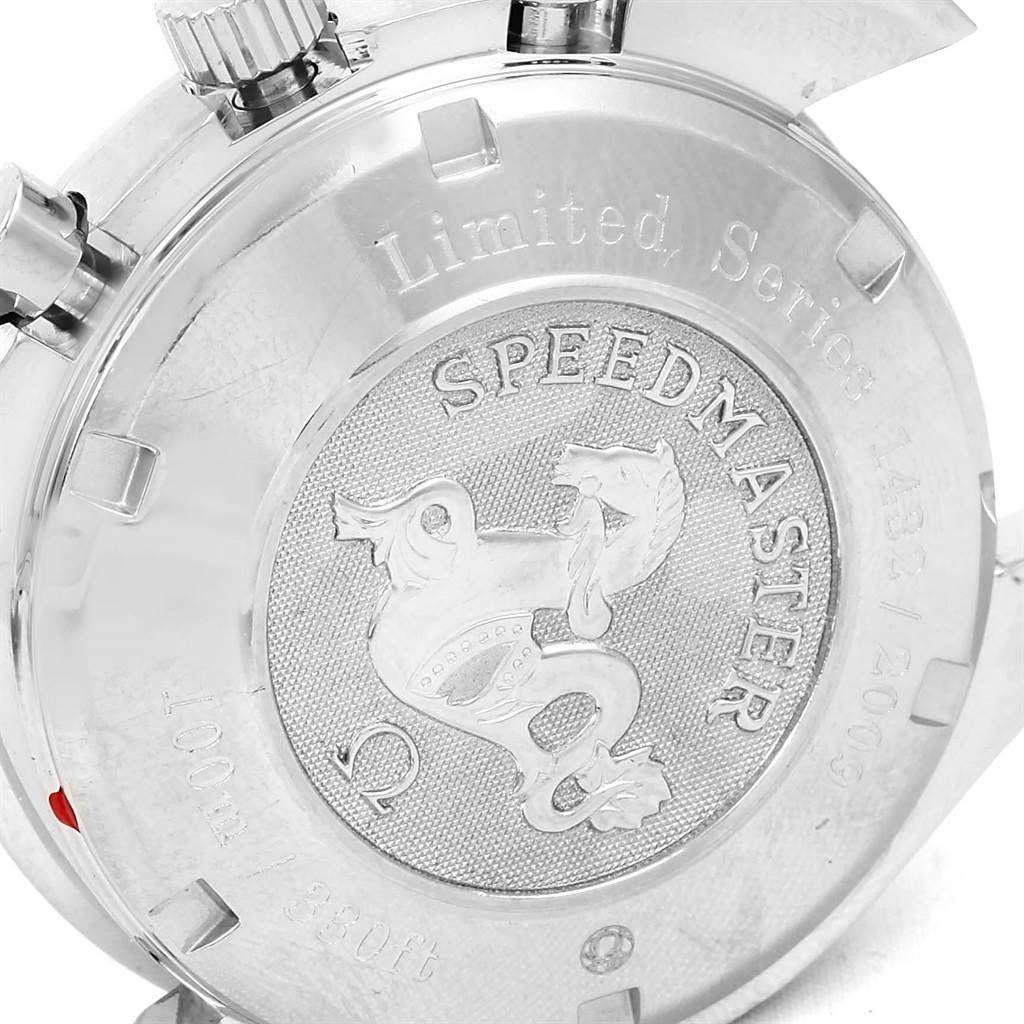 This image shows the back of an Omega Speedmaster 323.30.40.40.02.001 Men's Stainless Steel White Dial 323.30.40.40.02.001 Men's Stainless Steel White Dial watch, highlighting the "Limited Series" engraving, logo, and model details.