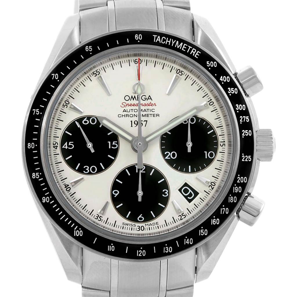 The image shows a frontal view of the Omega Speedmaster 323.30.40.40.02.001 Men's Stainless Steel White Dial 323.30.40.40.02.001 Men's Stainless Steel White Dial watch, displaying its dial, chronograph subdials, and tachymeter bezel.
