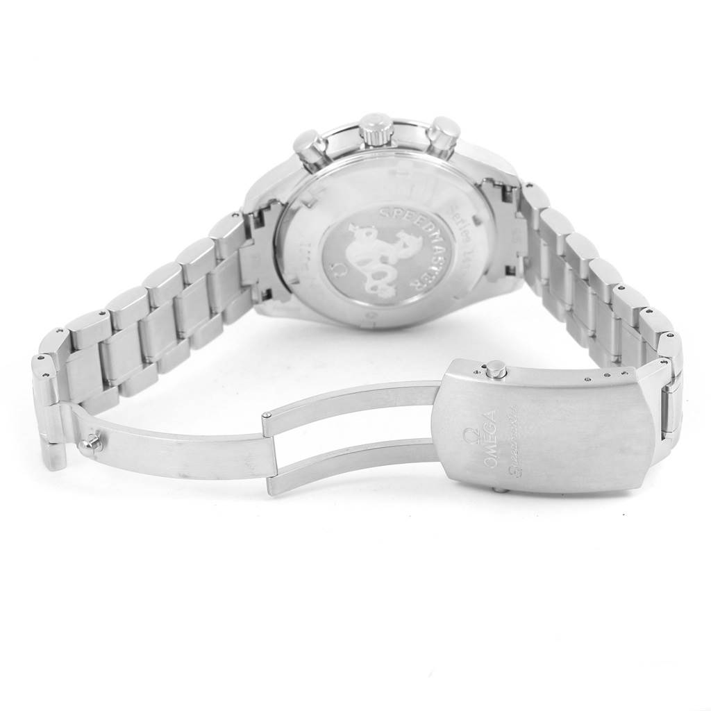 This image shows the back view of an Omega Speedmaster 323.30.40.40.02.001 Men's Stainless Steel White Dial 323.30.40.40.02.001 Men's Stainless Steel White Dial watch, highlighting the case back and partially opened clasp mechanism.