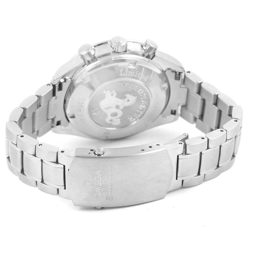 The image shows the back case, crown, pushers, and bracelet clasp of the Omega Speedmaster 323.30.40.40.02.001 Men's Stainless Steel White Dial 323.30.40.40.02.001 Men's Stainless Steel White Dial watch.