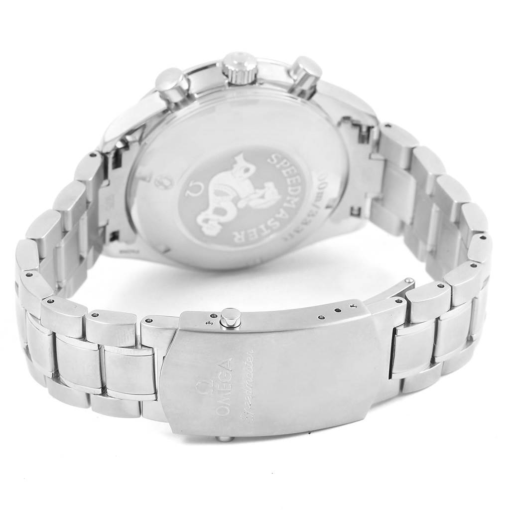 The image shows the back view of the Omega Speedmaster 3222.80.00 Men
s Stainless Steel Blue Dial 3222.80.00 Men
s Stainless Steel Blue Dial watch, including the case back and clasp of the metal bracelet.