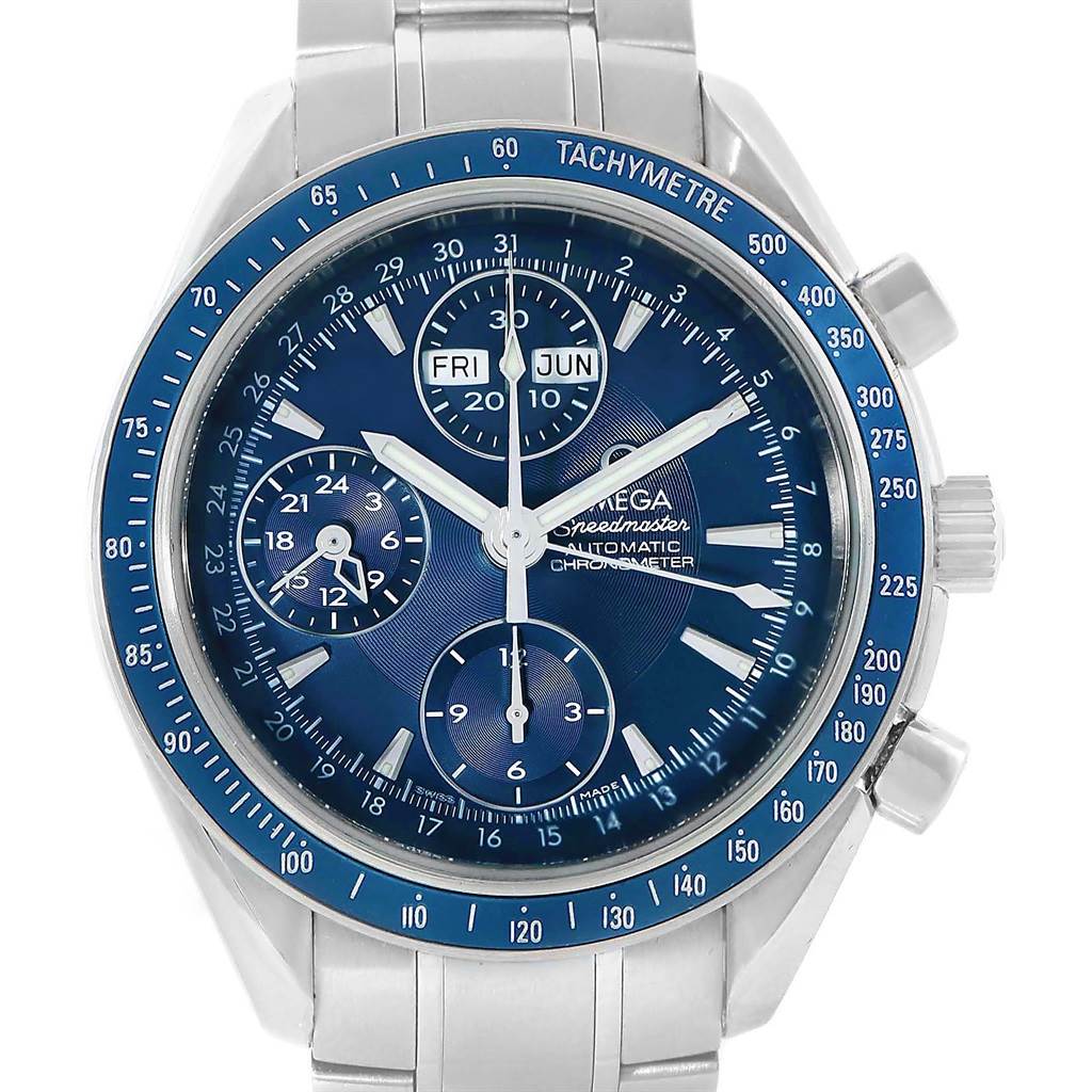The Omega Speedmaster 3222.80.00 Men
s Stainless Steel Blue Dial 3222.80.00 Men
s Stainless Steel Blue Dial watch is shown from the front, displaying the dial, hands, subdials, tachymeter, and part of the bracelet.