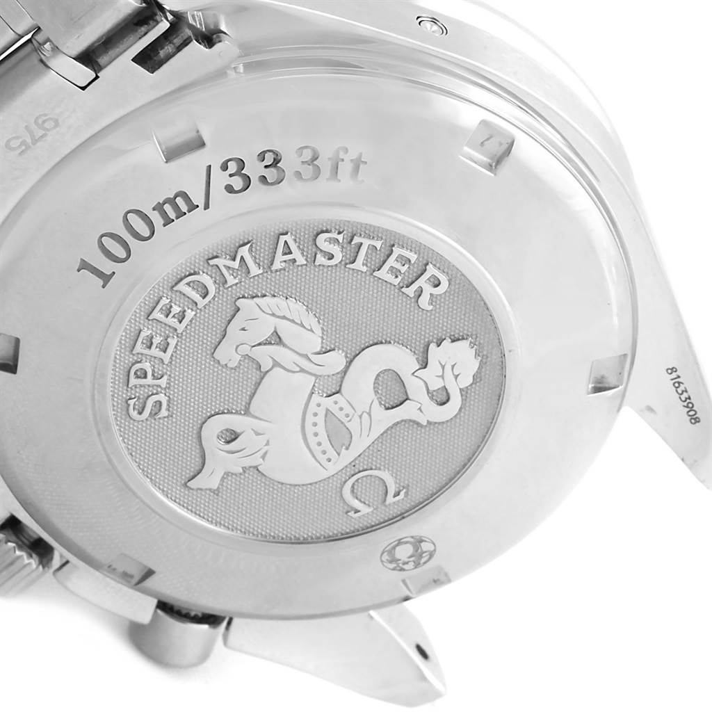 The image shows the back case of an Omega Speedmaster 3222.80.00 Men
s Stainless Steel Blue Dial 3222.80.00 Men
s Stainless Steel Blue Dial watch, highlighting its "Speedmaster" engraving and water resistance of 100m/333ft.