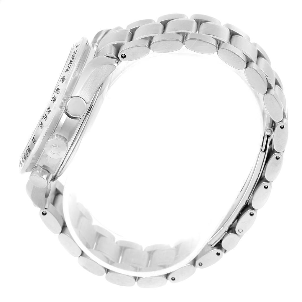 The image shows a side view of an Omega Speedmaster 3523.51.00 Men
s Stainless Steel Black Dial 3523.51.00 Men
s Stainless Steel Black Dial watch, focusing on the case and metal bracelet.