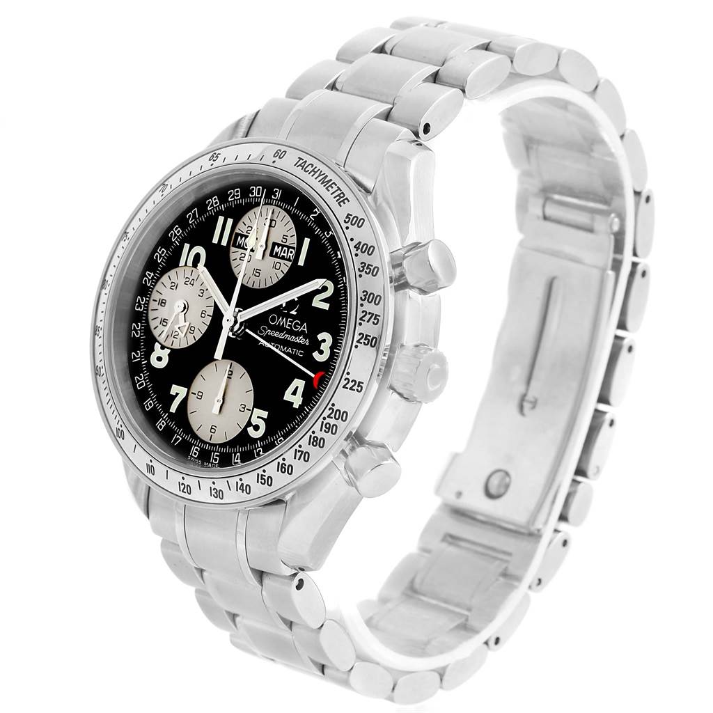 The Omega Speedmaster 3523.51.00 Men
s Stainless Steel Black Dial 3523.51.00 Men
s Stainless Steel Black Dial watch is shown at a slight angle, displaying its bracelet, tachymeter bezel, and chronograph dials.