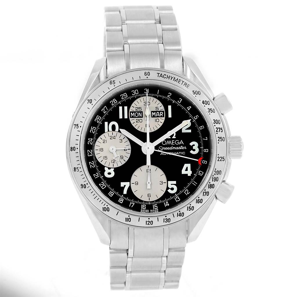 The image shows a front view of an Omega Speedmaster 3523.51.00 Men
s Stainless Steel Black Dial 3523.51.00 Men
s Stainless Steel Black Dial watch, highlighting its black dial, silver subdials, and stainless steel bracelet.