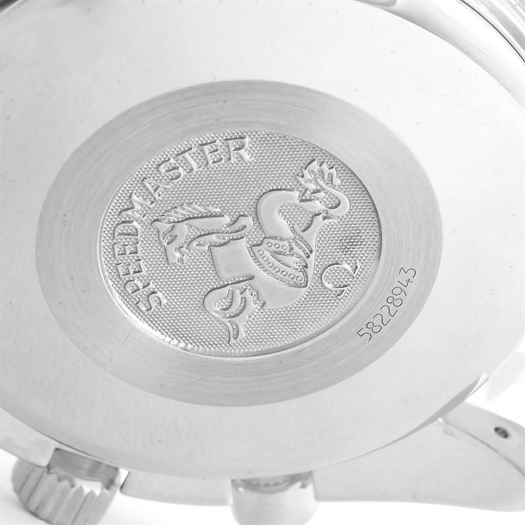 The image shows the back case of an Omega Speedmaster 3523.51.00 Men
s Stainless Steel Black Dial 3523.51.00 Men
s Stainless Steel Black Dial watch, displaying the brand
s emblem and model name.