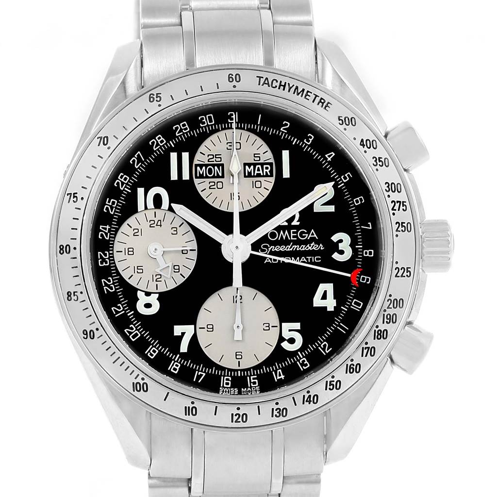 The image shows a front view of the Omega Speedmaster 3523.51.00 Men
s Stainless Steel Black Dial 3523.51.00 Men
s Stainless Steel Black Dial watch, highlighting its dial, subdials, bezel, and bracelet.