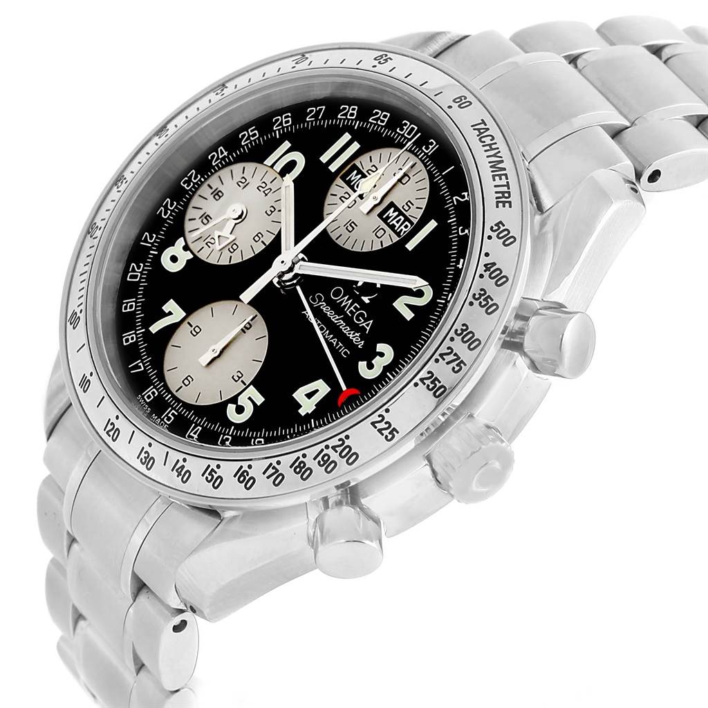 The Omega Speedmaster 3523.51.00 Men
s Stainless Steel Black Dial 3523.51.00 Men
s Stainless Steel Black Dial watch is shown at a three-quarter angle, displaying its face, tachymeter bezel, and stainless steel bracelet.