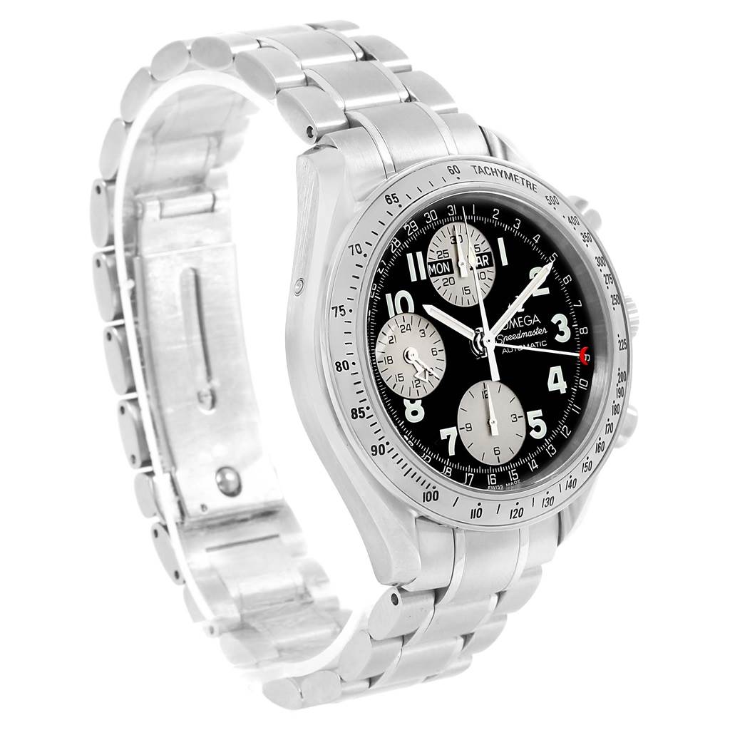 The Omega Speedmaster 3523.51.00 Men
s Stainless Steel Black Dial 3523.51.00 Men
s Stainless Steel Black Dial watch is shown at an angle featuring its stainless steel band and black dial with sub-dials.