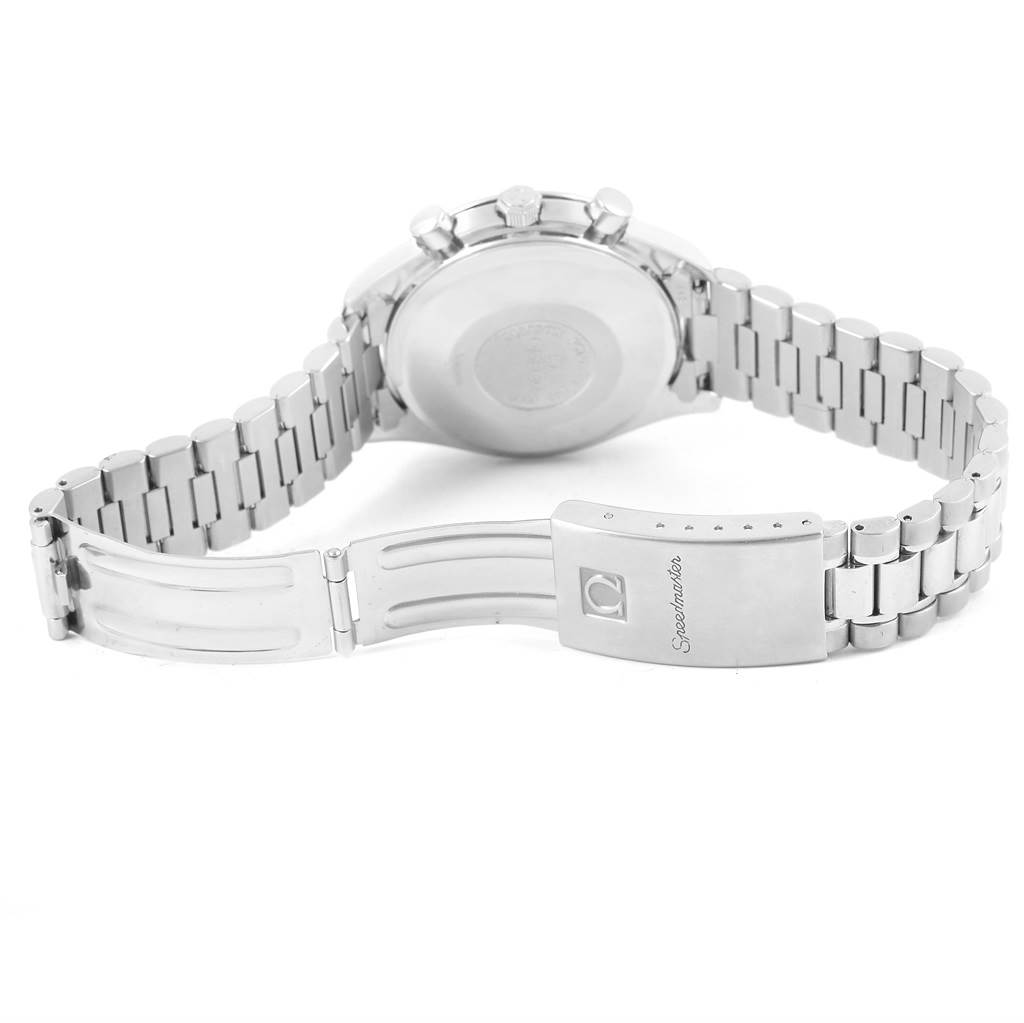 The image shows the back case and open clasp of an Omega Speedmaster 3521.30.00 Men
s Stainless Steel Silver Dial 3521.30.00 Men
s Stainless Steel Silver Dial with a metal bracelet.