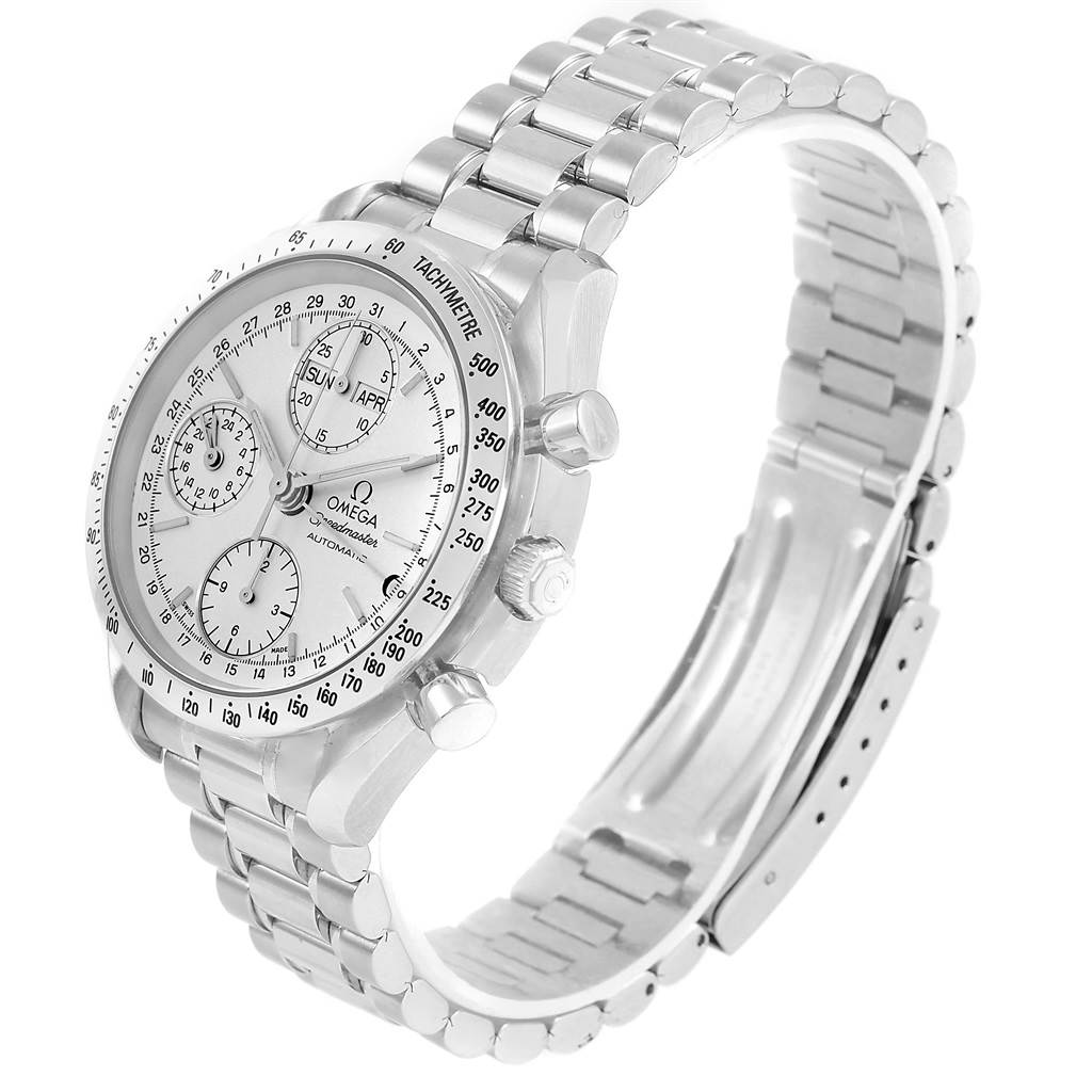 The image shows an angled view of the Omega Speedmaster 3521.30.00 Men
s Stainless Steel Silver Dial 3521.30.00 Men
s Stainless Steel Silver Dial watch, highlighting its face, bezel, and metal bracelet.