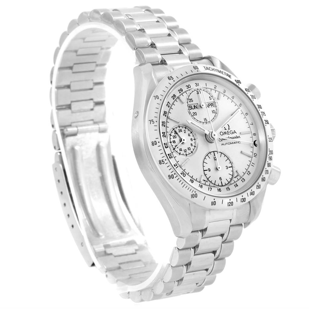 The image shows a front and side view of an Omega Speedmaster 3521.30.00 Men
s Stainless Steel Silver Dial 3521.30.00 Men
s Stainless Steel Silver Dial watch, highlighting its face, dials, and metal bracelet.