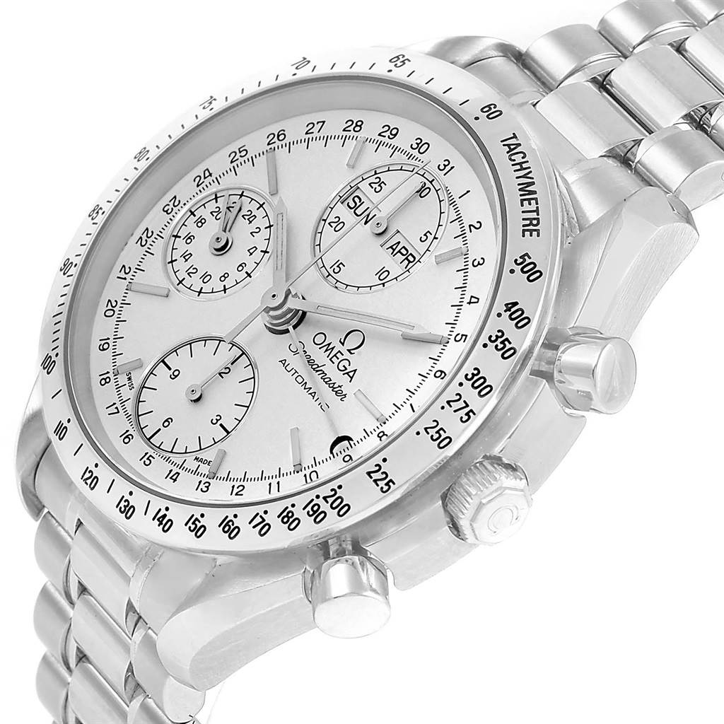 The image shows an angled view of an Omega Speedmaster 3521.30.00 Men
s Stainless Steel Silver Dial 3521.30.00 Men
s Stainless Steel Silver Dial watch, displaying its face, bezel, and stainless steel bracelet.