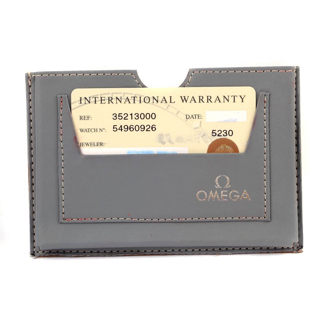 The image shows an Omega Speedmaster 3521.30.00 Men
s Stainless Steel Silver Dial 3521.30.00 Men
s Stainless Steel Silver Dial International Warranty card in a grey Omega-branded cardholder, viewed from above.