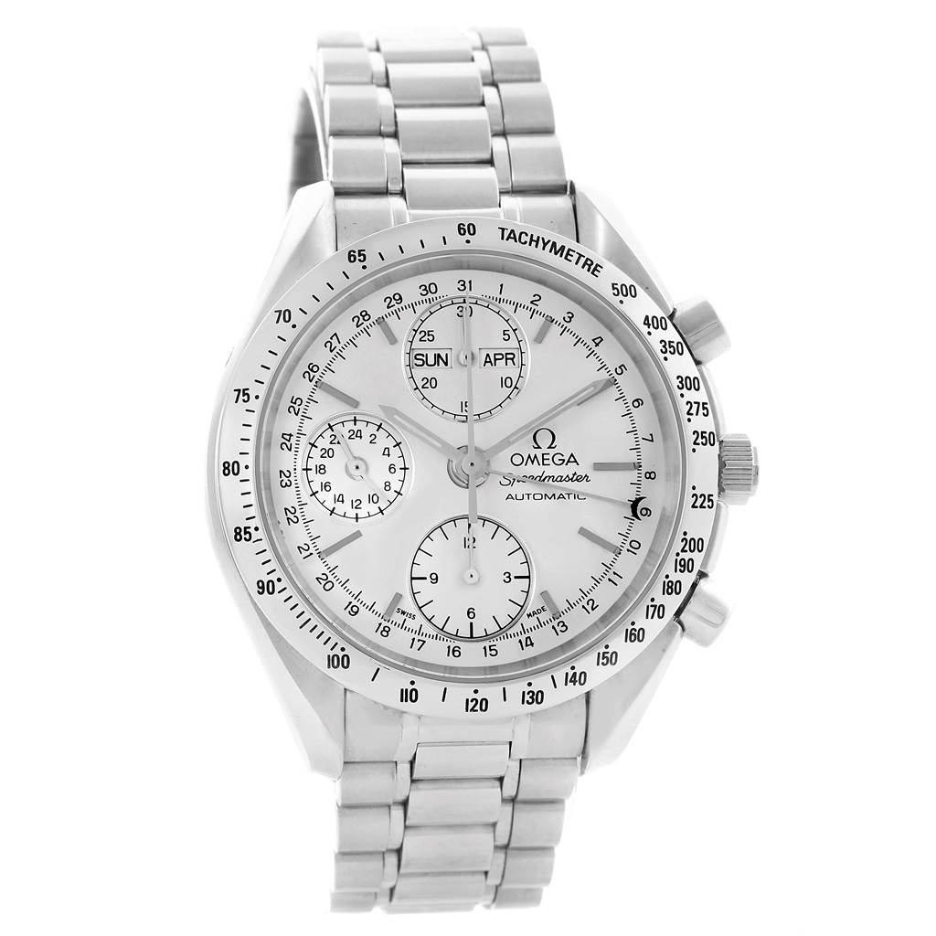 The Omega Speedmaster 3521.30.00 Men
s Stainless Steel Silver Dial 3521.30.00 Men
s Stainless Steel Silver Dial watch is shown from a straight-on angle, highlighting its face and metal bracelet.