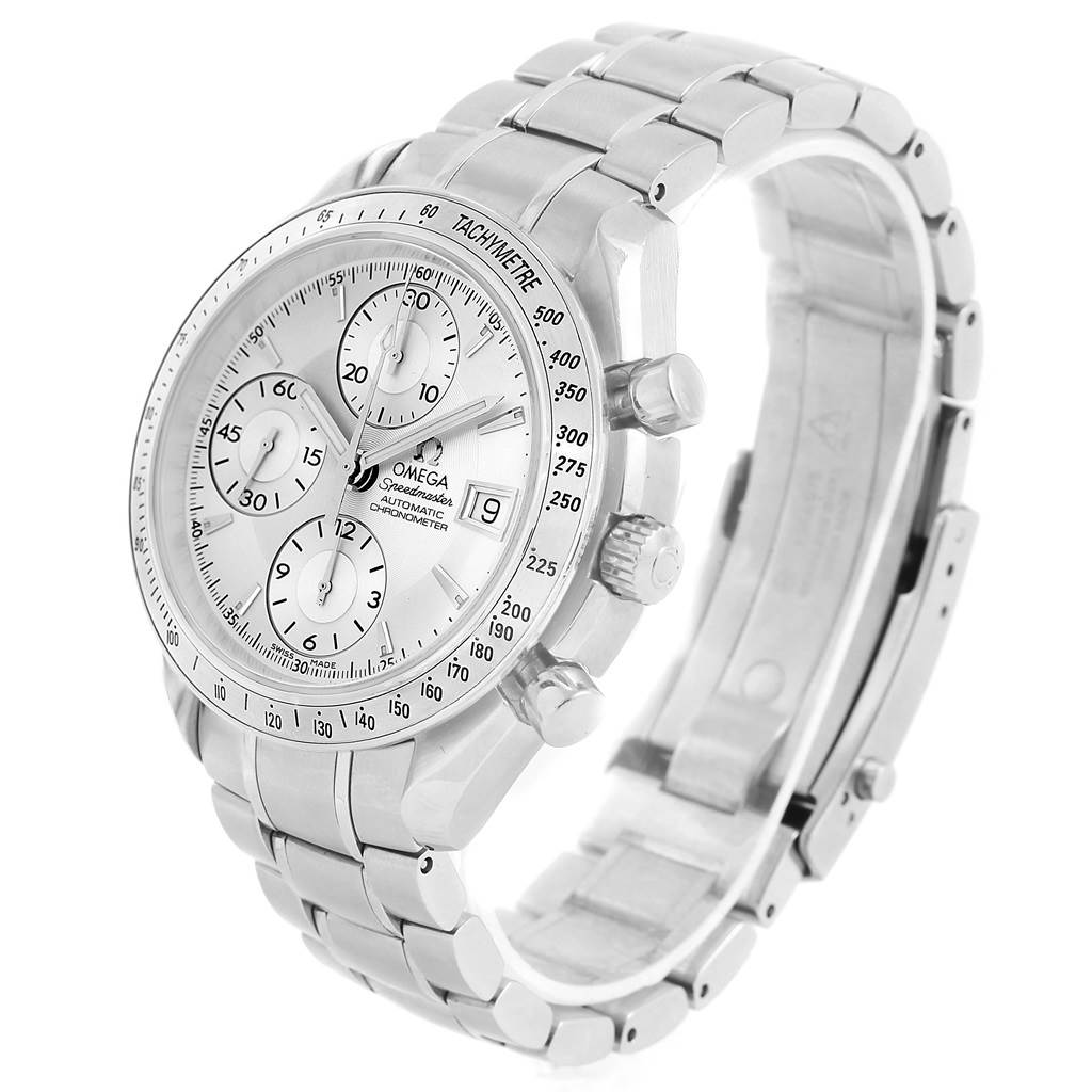 The Omega Speedmaster 3211.30.00 Men
s Stainless Steel Silver Dial 3211.30.00 Men
s Stainless Steel Silver Dial watch is shown at a three-quarter angle, highlighting the face, crown, pushers, and bracelet.