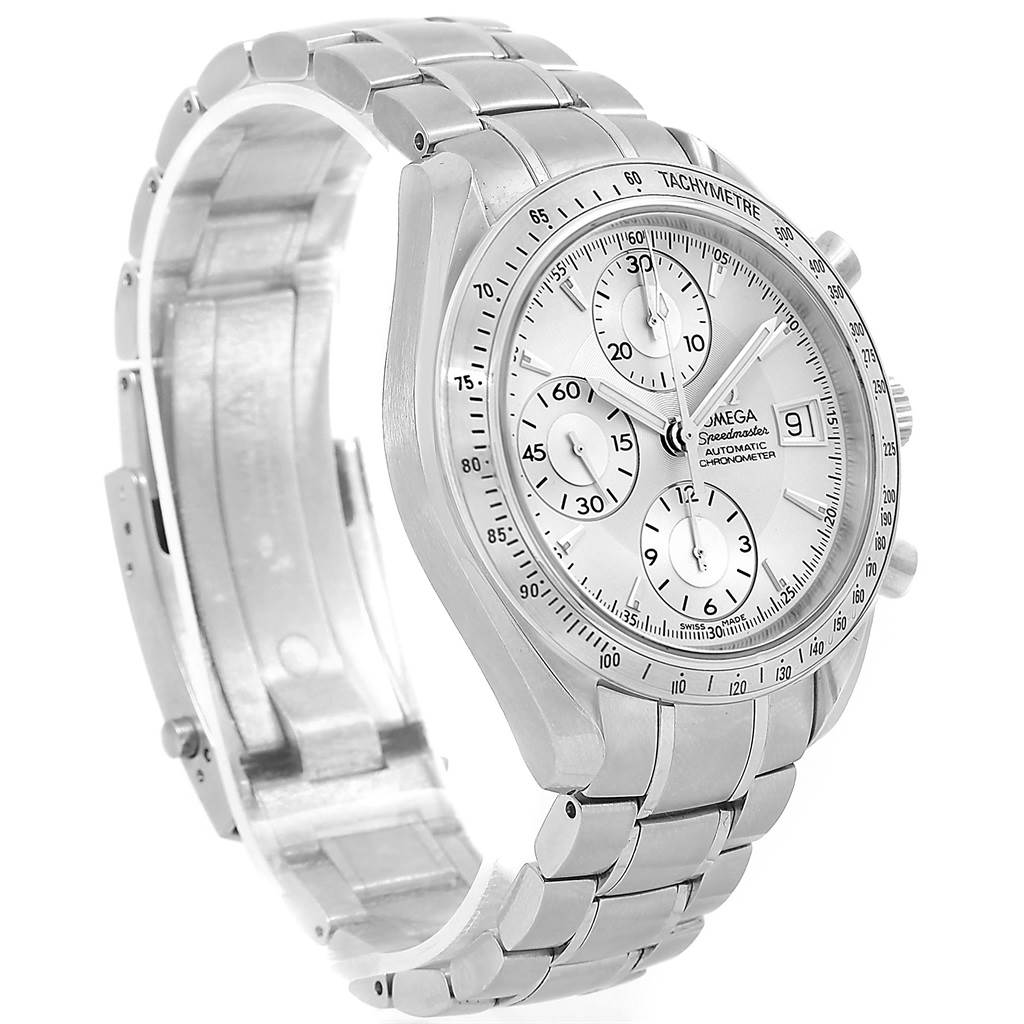 This Omega Speedmaster 3211.30.00 Men
s Stainless Steel Silver Dial 3211.30.00 Men
s Stainless Steel Silver Dial watch is shown at a slight angle, highlighting the stainless steel case, tachymeter bezel, subdials, and bracelet.