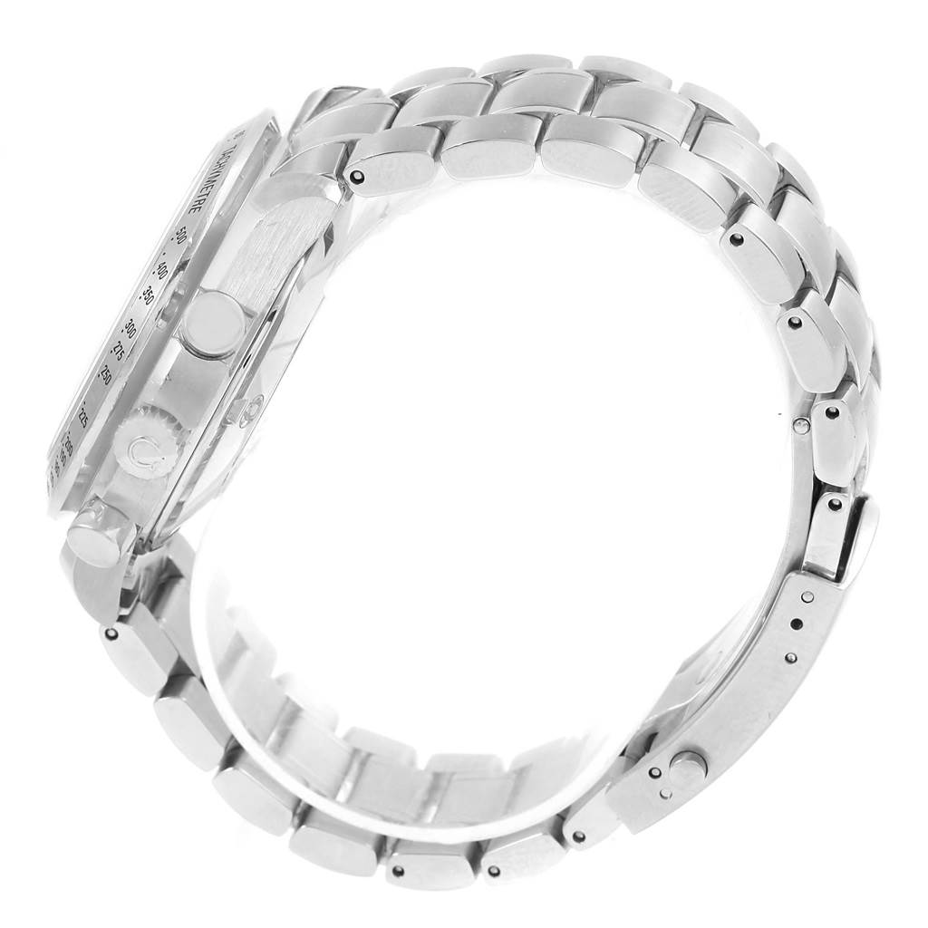 The image shows a side view of the Omega Speedmaster 3211.30.00 Men
s Stainless Steel Silver Dial 3211.30.00 Men
s Stainless Steel Silver Dial, highlighting its case and metal bracelet.