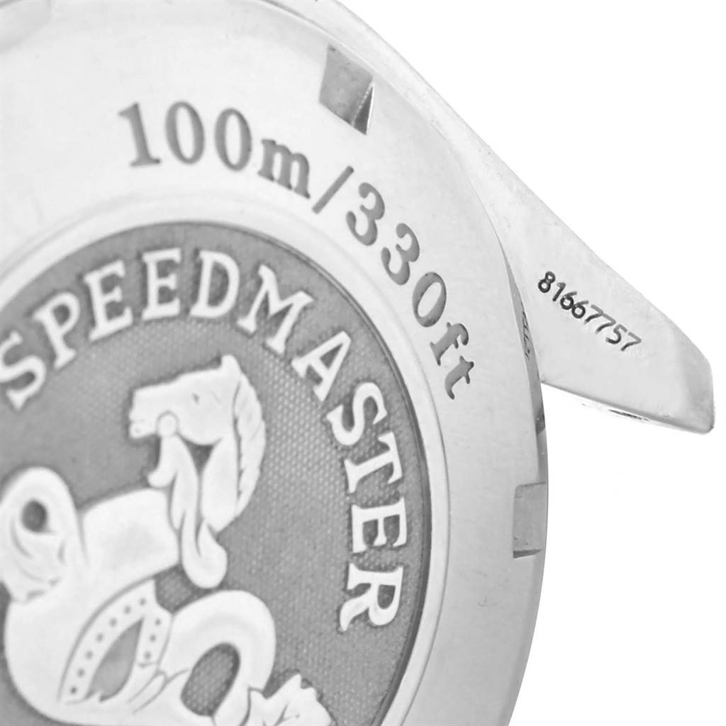 The image shows the case back of an Omega Speedmaster 3211.30.00 Men
s Stainless Steel Silver Dial 3211.30.00 Men
s Stainless Steel Silver Dial watch, highlighting its water resistance and part of its serial number.