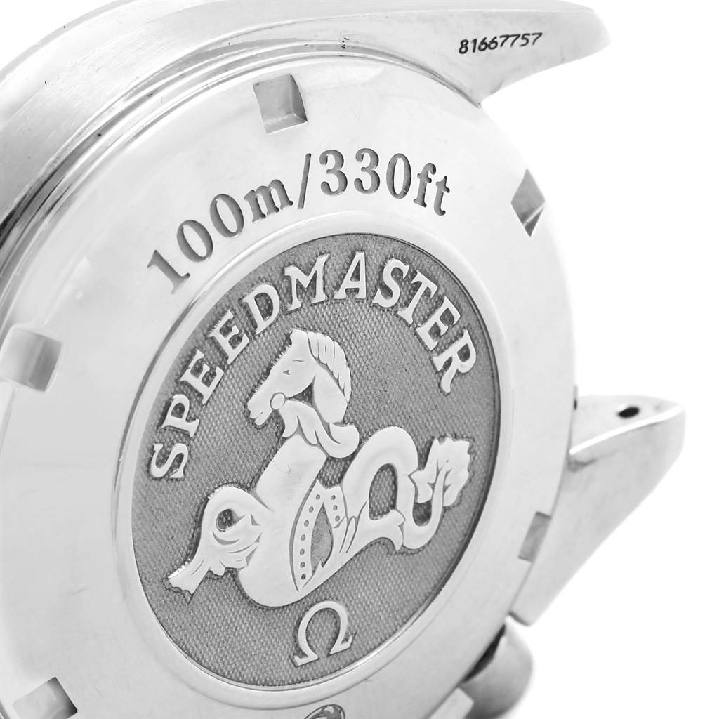 The image shows the case back of an Omega Speedmaster 3211.30.00 Men
s Stainless Steel Silver Dial 3211.30.00 Men
s Stainless Steel Silver Dial watch, highlighting the model name, depth rating, and embossed design.