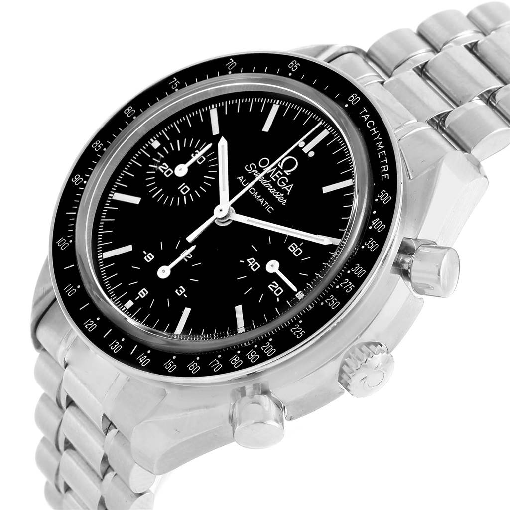 The Omega Speedmaster 3539.50.00 Men
s Stainless Steel Black Dial 3539.50.00 Men
s Stainless Steel Black Dial watch is shown at an oblique angle, highlighting the face, bezel, and part of the stainless steel bracelet.