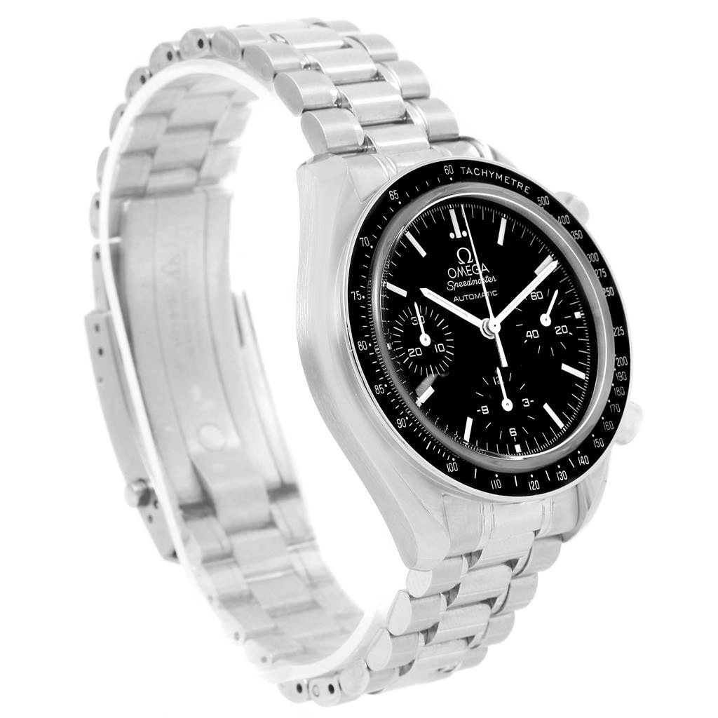 The image shows the Omega Speedmaster 3539.50.00 Men
s Stainless Steel Black Dial 3539.50.00 Men
s Stainless Steel Black Dial watch at a three-quarter angle, highlighting the face, bezel, and metal bracelet.