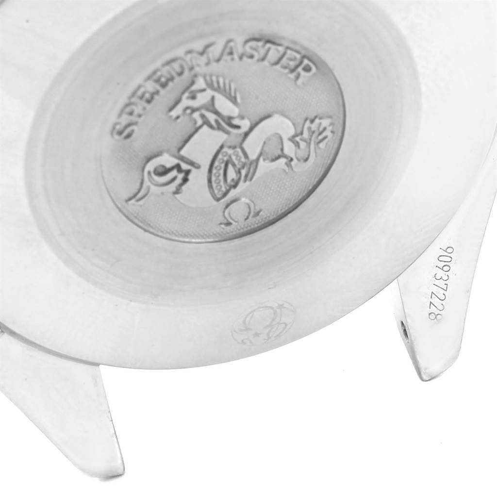 The image shows the back case and lugs of the Omega Speedmaster 3539.50.00 Men
s Stainless Steel Black Dial 3539.50.00 Men
s Stainless Steel Black Dial watch, highlighting the engraved design and serial number.