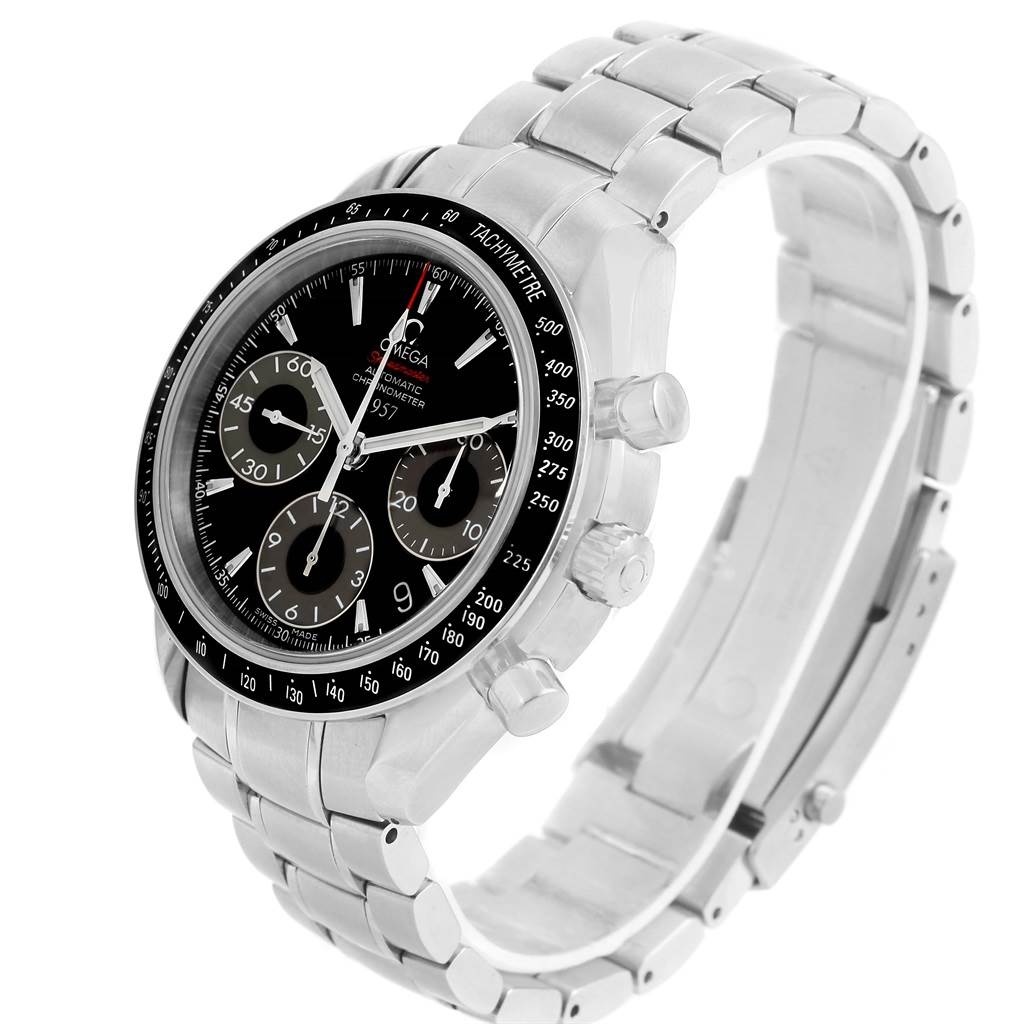 The Omega Speedmaster 323.30.40.40.01.001 Men's Stainless Steel Black Dial 323.30.40.40.01.001 Men's Stainless Steel Black Dial watch is shown at a slight angle, showcasing its dial, tachymeter bezel, and stainless steel bracelet.