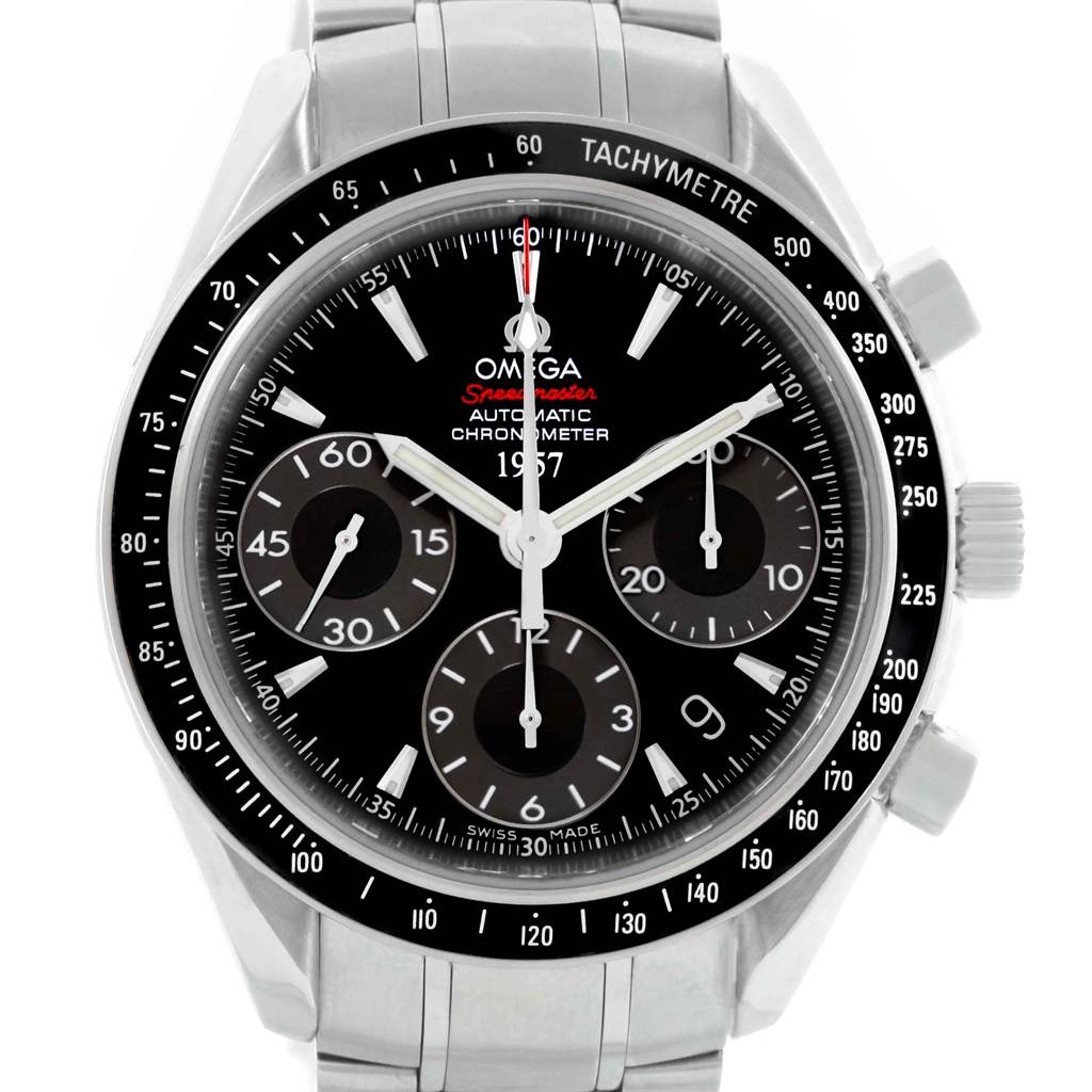 The image shows a front view of the Omega Speedmaster 323.30.40.40.01.001 Men's Stainless Steel Black Dial 323.30.40.40.01.001 Men's Stainless Steel Black Dial Chronometer 1957 model, highlighting the dial, tachymeter bezel, and stainless steel bracelet.