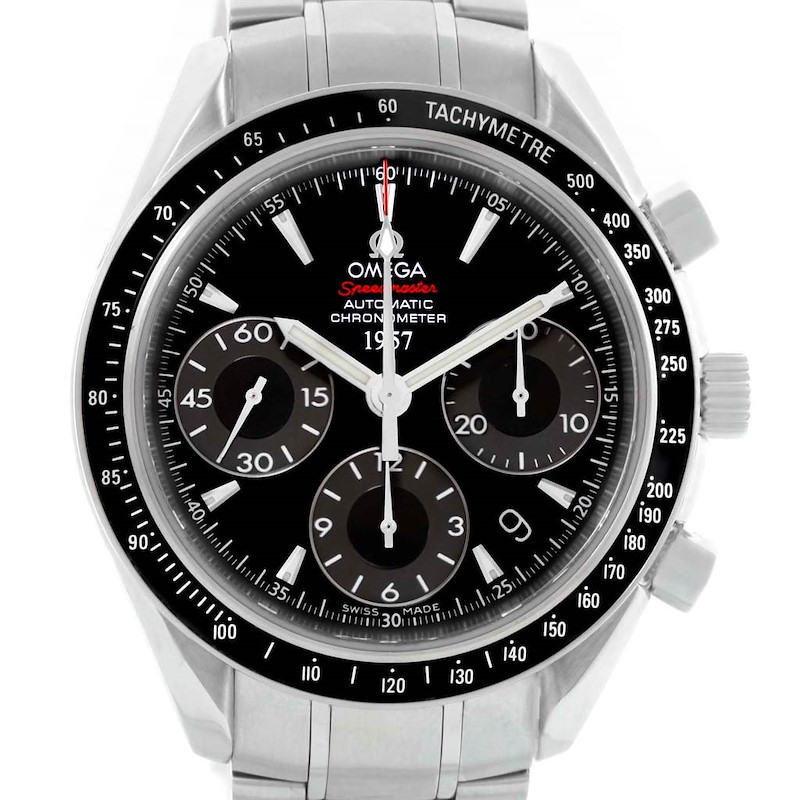 The image shows a front view of the Omega Speedmaster Chronometer 1957 model, highlighting the dial, tachymeter bezel, and stainless steel bracelet.