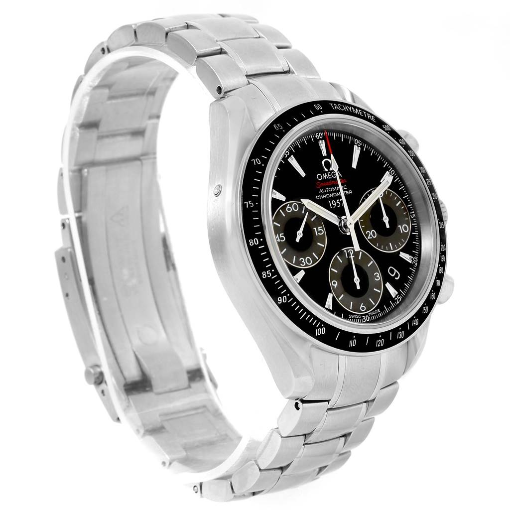 The image shows an Omega Speedmaster 323.30.40.40.01.001 Men's Stainless Steel Black Dial 323.30.40.40.01.001 Men's Stainless Steel Black Dial watch from a side angle, displaying its stainless steel case, black dial, bezel, and bracelet.