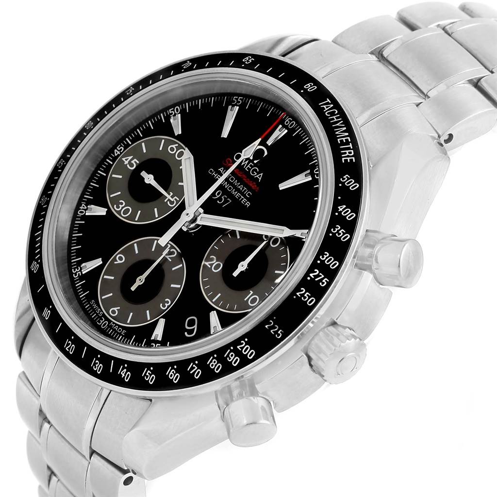 This image shows an angled view of an Omega Speedmaster 323.30.40.40.01.001 Men's Stainless Steel Black Dial 323.30.40.40.01.001 Men's Stainless Steel Black Dial watch, highlighting its bezel, dial, subdials, and metal bracelet.