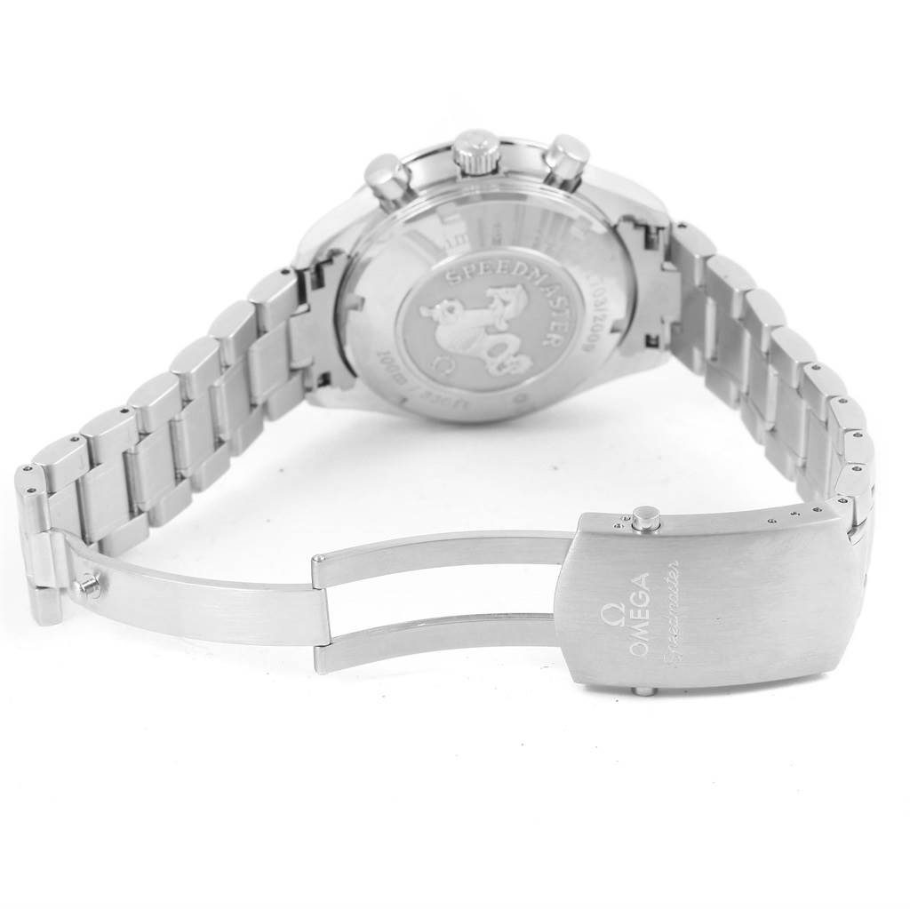 The Omega Speedmaster 323.30.40.40.01.001 Men's Stainless Steel Black Dial 323.30.40.40.01.001 Men's Stainless Steel Black Dial watch is shown from the back, focusing on the case back and partially open metal bracelet clasp.