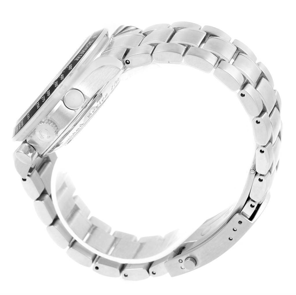 The image shows a side view of the Omega Speedmaster 323.30.40.40.01.001 Men's Stainless Steel Black Dial 323.30.40.40.01.001 Men's Stainless Steel Black Dial watch, highlighting its case, bezel, and metal bracelet.