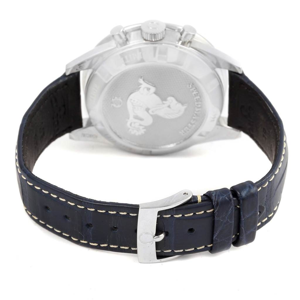 The image shows the back view of an Omega Speedmaster 311.33.40.30.02.001 Men's Stainless Steel Silver Dial 311.33.40.30.02.001 Men's Stainless Steel Silver Dial watch, including the case back and leather strap with a buckle.