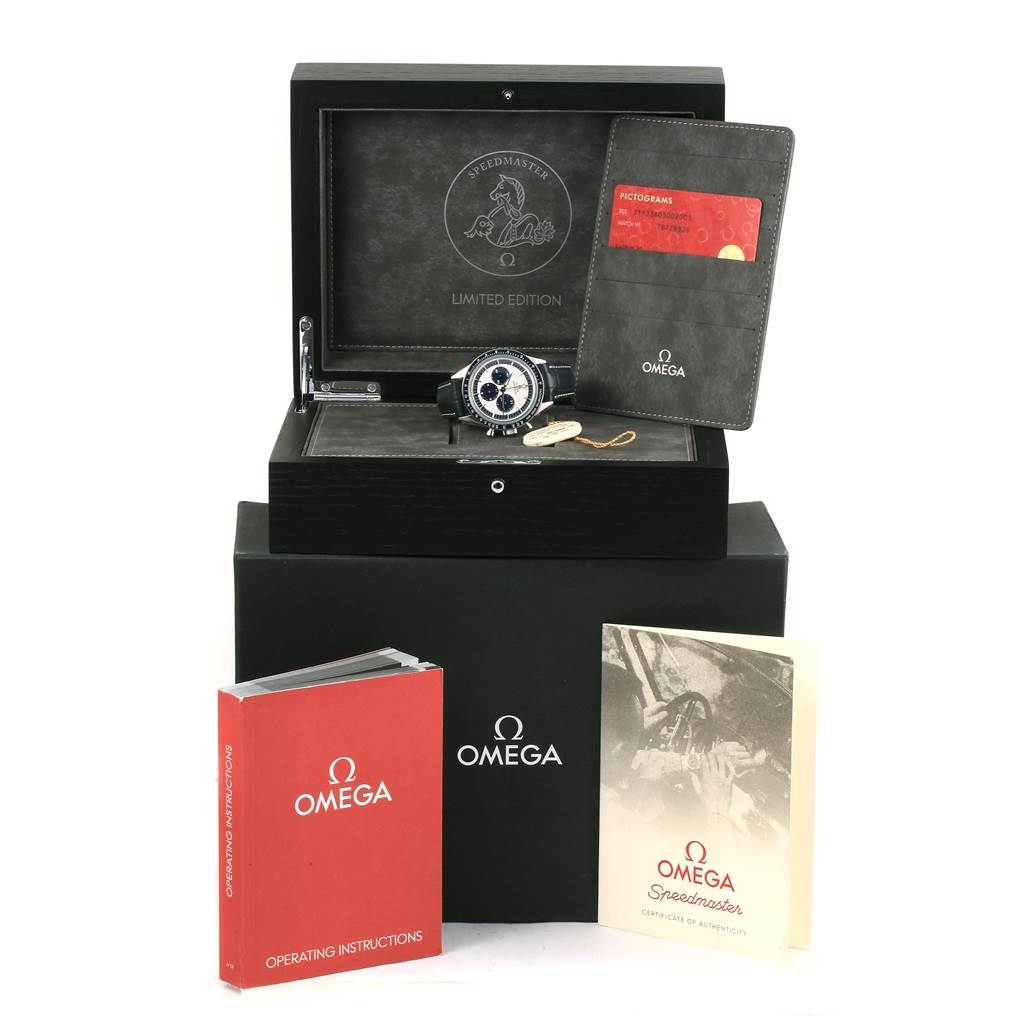 The image shows an Omega Speedmaster 311.33.40.30.02.001 Men's Stainless Steel Silver Dial 311.33.40.30.02.001 Men's Stainless Steel Silver Dial watch from a straight-on angle, with its box, documents, and accessories displayed.